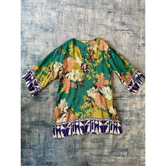 Cabi Green Pink Blue Floral 100% Silk Tunic Top Small - Picture 1 of 8